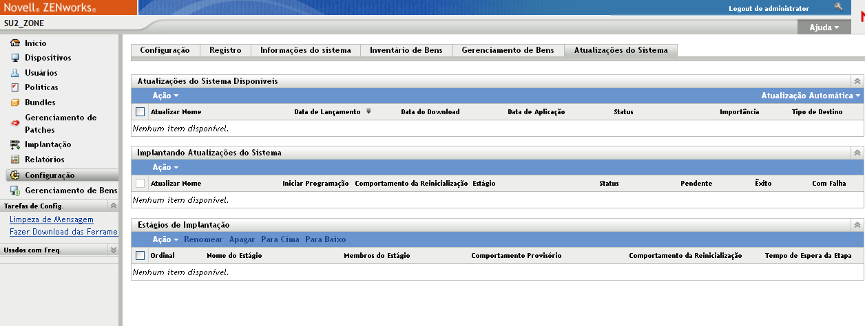 Página Atualizações do Sistema
