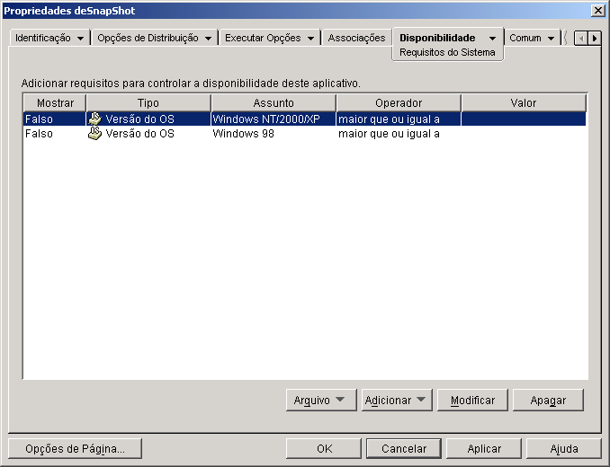 Página Requisitos do Sistema do objeto Aplicativo