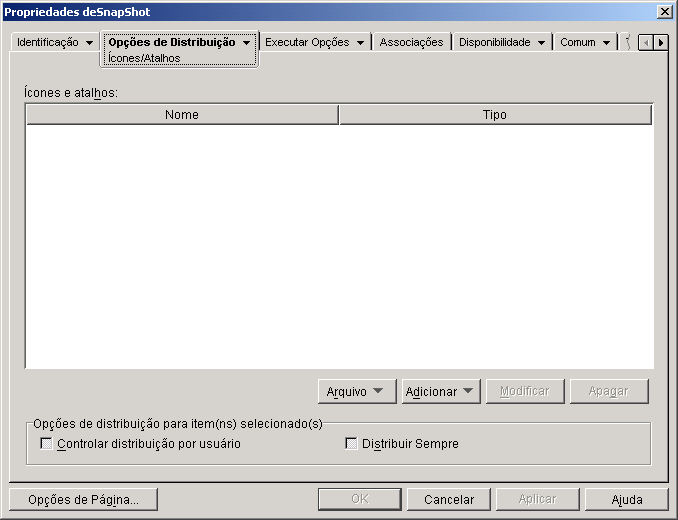 Objeto Aplicativo > guia Opções de Distribuição > página Ícones/Atalhos