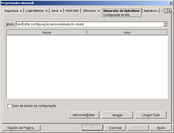 Página de Configurações do NAL de um objeto container