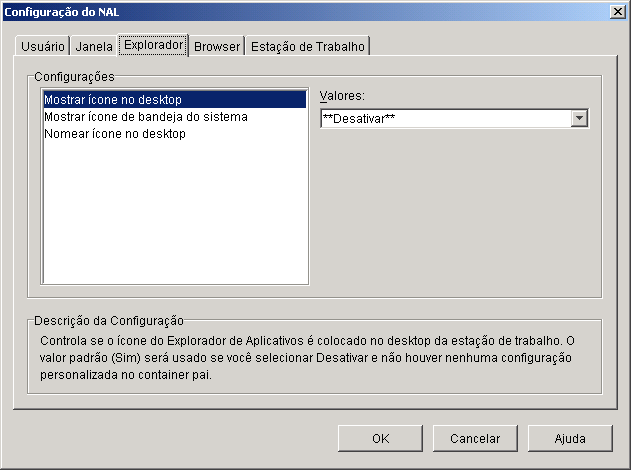 Caixa de diálogo Configuração do NAL, mostrando a guia Explorador
