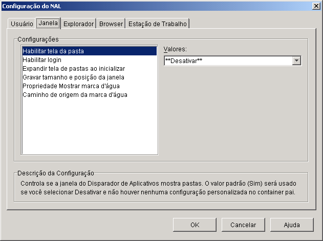 Caixa de diálogo Configuração do NAL, mostrando a guia Janela