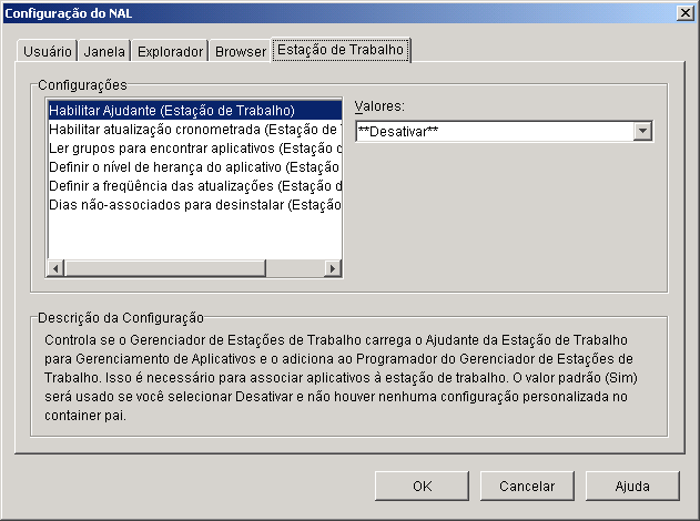Caixa de diálogo Configuração do NAL, mostrando a guia Estação de Trabalho