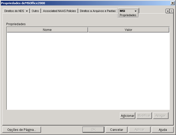 Objeto Aplicativo > guia MSI > página Propriedades