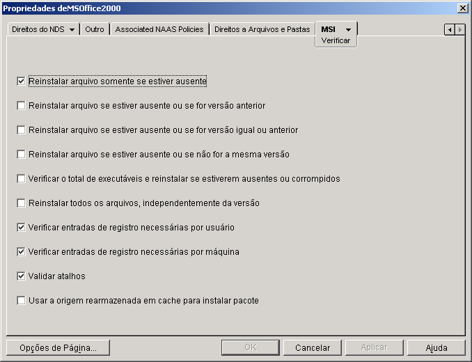 Objeto Aplicativo > guia MSI > página Verificar