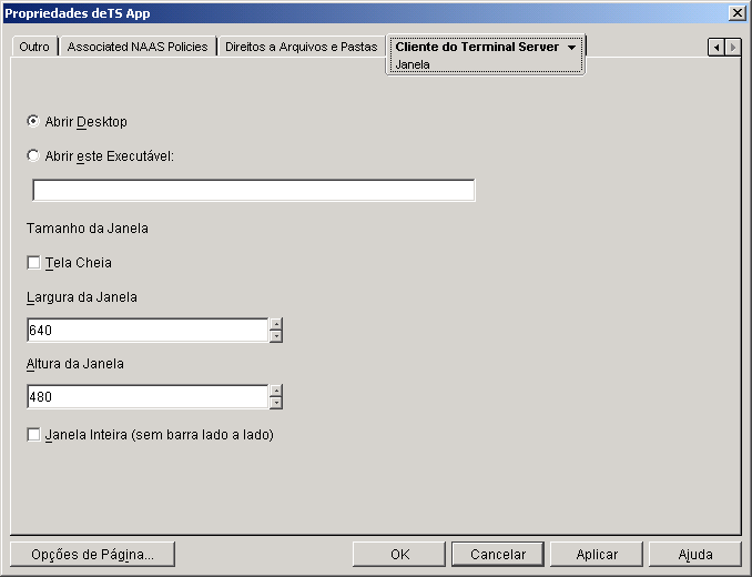 Objeto Aplicativo > guia Cliente do Terminal Server > página Janela