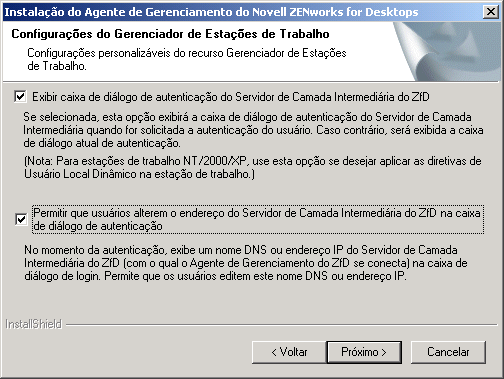 Imagem da tela da caixa de dilogo de instalao do Agente de Gerenciamento do ZfD denominada Configuraes do gerenciador de estaes de trabalho.