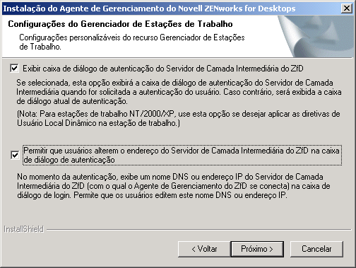 Imagem da tela da caixa de dilogo de instalao do Agente de Gerenciamento do ZfD denominada Configuraes do Gerenciador de Estaes de Trabalho.