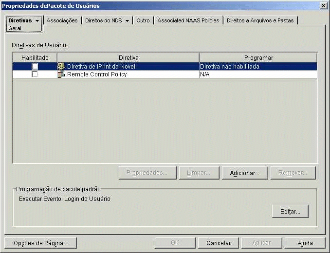Página de diretivas gerais em um objeto Pacote de usuários