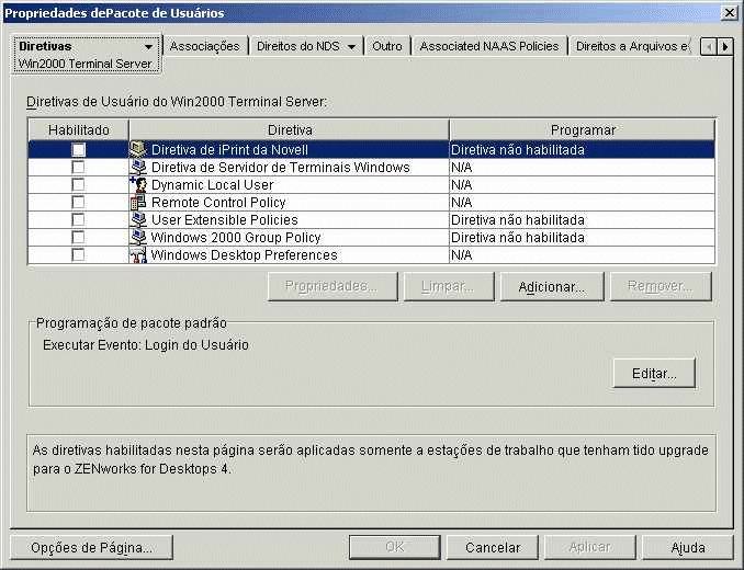 Pgina de diretivas do Servidor de Terminais do Win2000 em um objeto Pacote de usurios