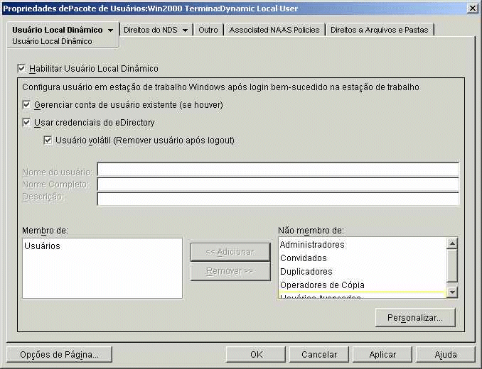 Página de propriedades dos usuários locais dinâmicos