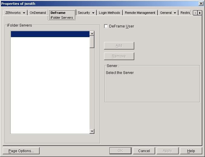 Pgina dos servidores DeFrame iFolder em um objeto Usurio