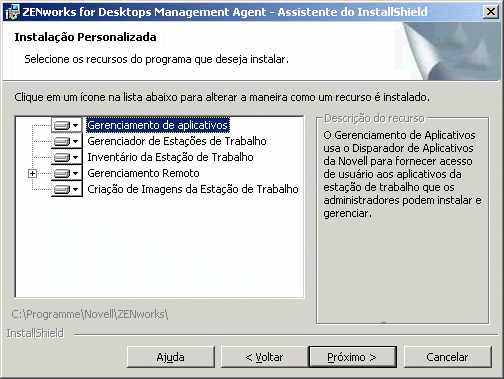 Pgina de configurao personalizada do programa de instalao do Agente de Gerenciamento do ZfD