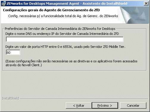 Página de configurações gerais do programa de instalação do Agente de Gerenciamento do ZfD