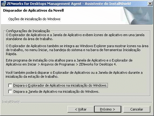Pgina do Disparador de Aplicativos da Novell do programa de instalao do Agente de Gerenciamento do ZfD