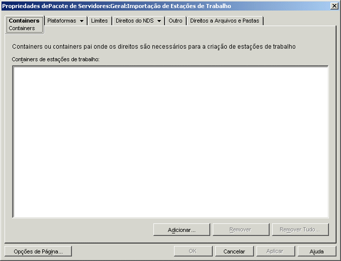 A pgina Containers da poltica de Importao de Estao de Trabalho.