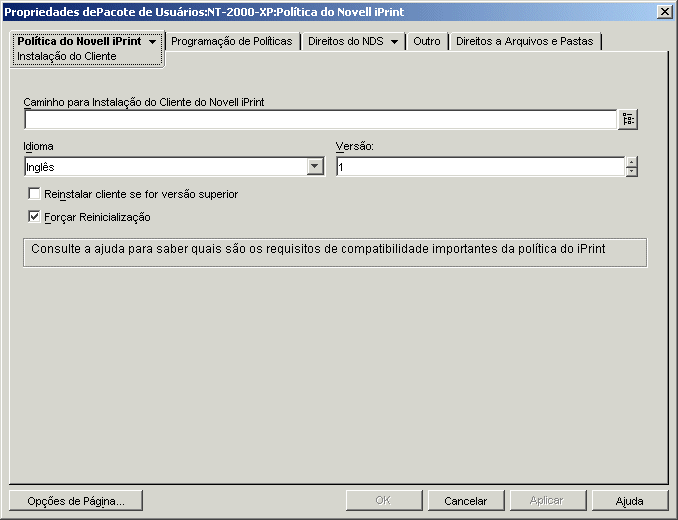 Captura de tela da pgina Instalao do Cliente da poltica do Novell iPrint.