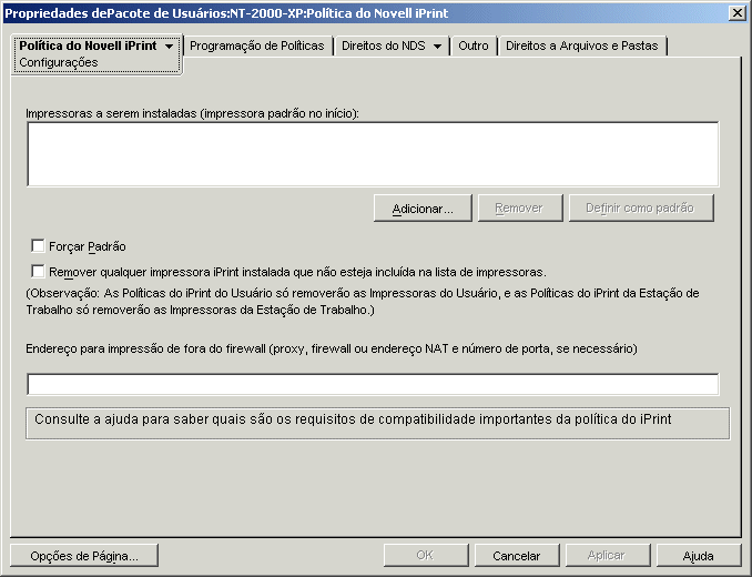 A pgina Configuraes da poltica do Novell iPrint.