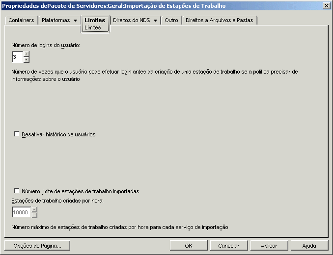 A pgina Limites da poltica de Importao de Estao de Trabalho.