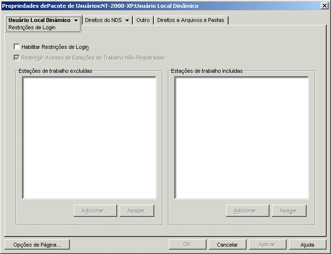 A pgina Restries de Login da poltica de DLU.
