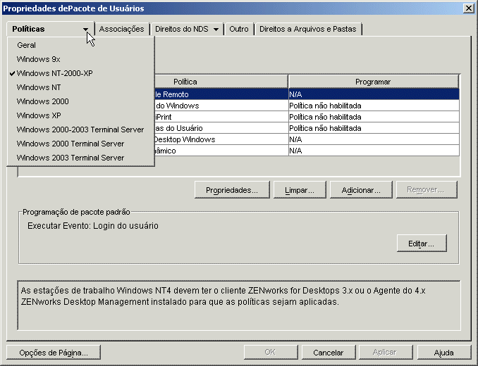 A pgina de propriedades Pacote de Usurios mostrando as plataformas disponveis.
