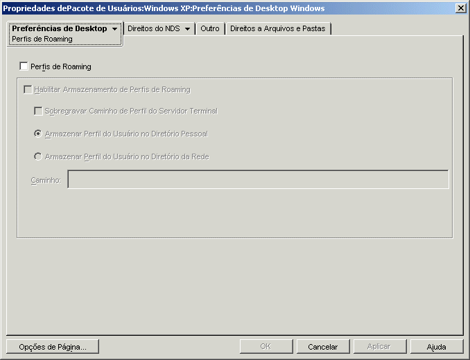 A pgina Perfis de Roaming da poltica de Preferncias de Desktop.