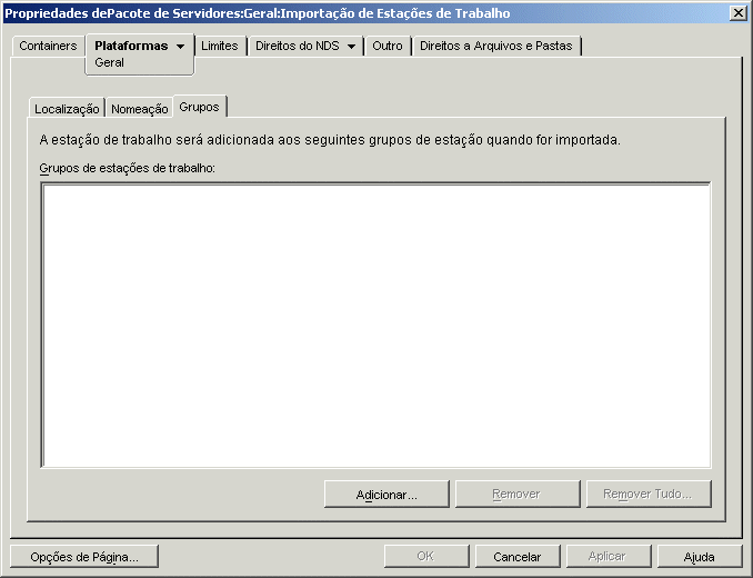 A pgina Grupos da poltica de Importao de Estao de Trabalho.