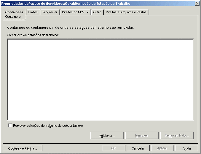 A pgina Containers da poltica de Remoo de Estao de Trabalho.
