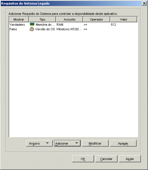 Caixa de dilogo Requisitos do Sistema Legado do objeto Aplicativo