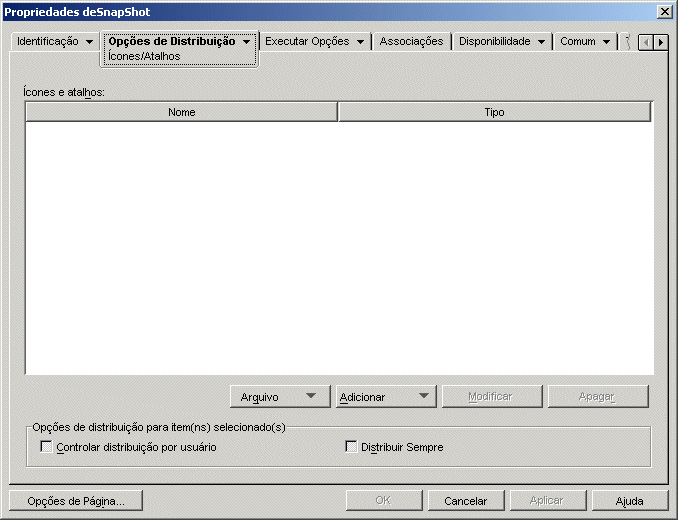 Objeto Aplicativo > guia Opes de Distribuio > pgina cones/Atalhos