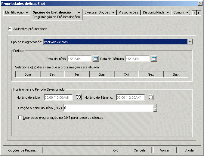 Página Pré-Instalação do objeto Aplicativo, com a opção Intervalo de Dias selecionada como tipo de programação.