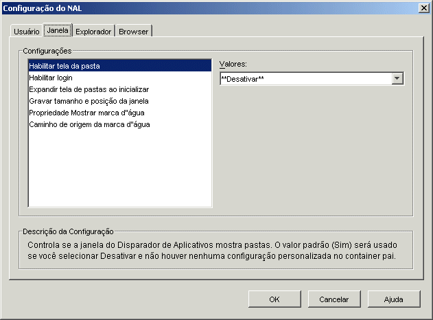 Caixa de dilogo Configurao do NAL com a guia Janela exibida