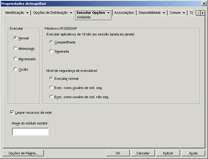 Objeto Aplicativo > guia Executar Opes > pgina Ambiente