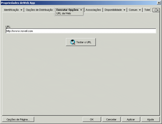 Objeto Aplicativo > guia Executar Opes > pgina URL da Web