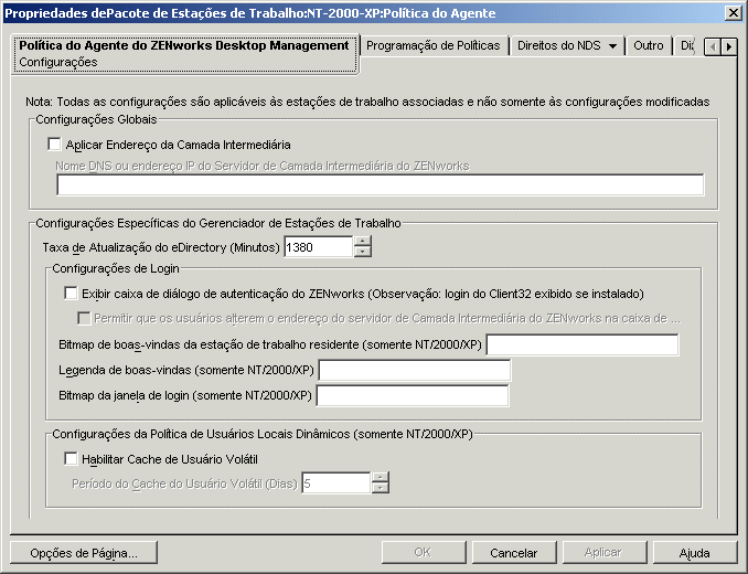 A pgina Configuraes da Poltica do Agente do Desktop Management.