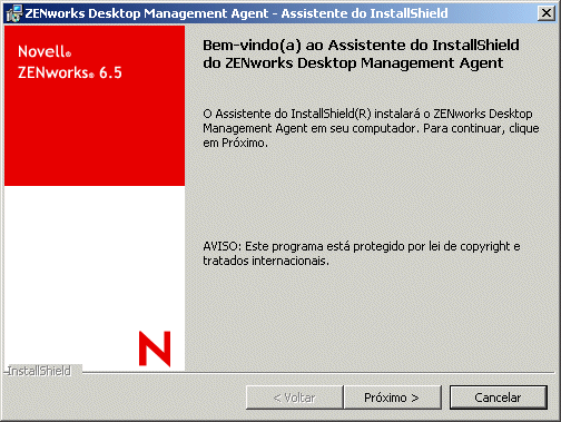 A pgina de introduo do Assistente de Instalao do Agente do ZENworks Desktop Management.