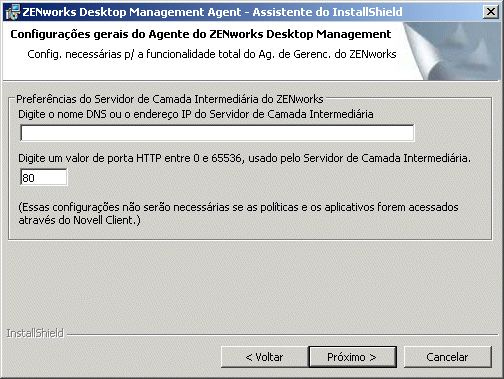 A pgina Configuraes Gerais do Assistente de Instalao do Agente do ZENworks Management.