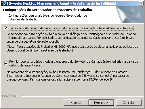 A pgina Configuraes do Gerenciador de Estaes de Trabalho do Assistente de Instalao do Agente do Desktop Management.