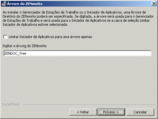 A pgina rvore de Diretrio do ZENworks do Assistente de Instalao do Agente do ZENworks Desktop Management.