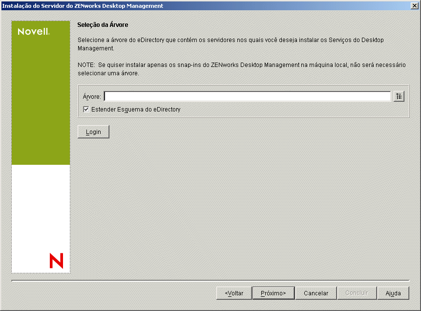 A pgina Seleo da rvore do Assistente de Instalao do Servidor do ZENworks Desktop Management.