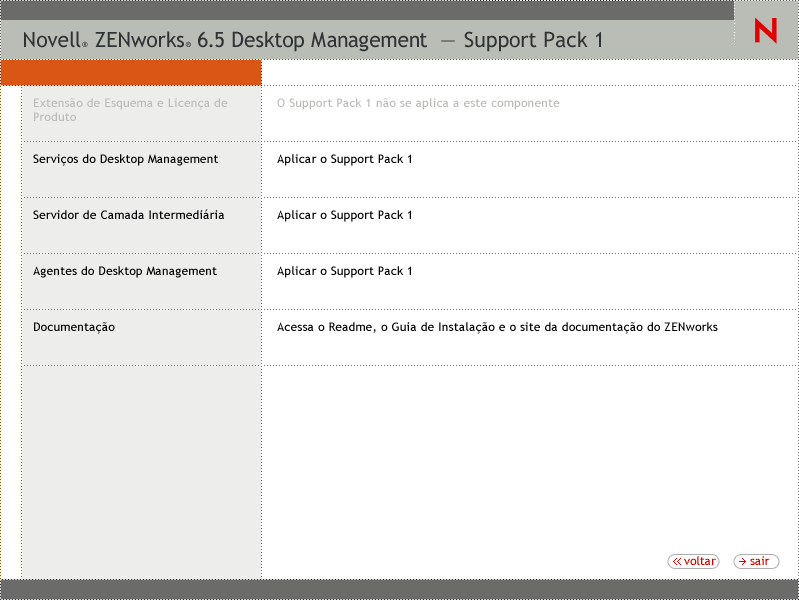 A página do ZENworks Desktop Management do Assistente de Instalação do ZENworks. A página inclui opções para Extensões de Esquema e Licença de Produtos, Serviços do Desktop Management, Servidor de Camada Intermediária, Agentes do Desktop Management e Documentação.