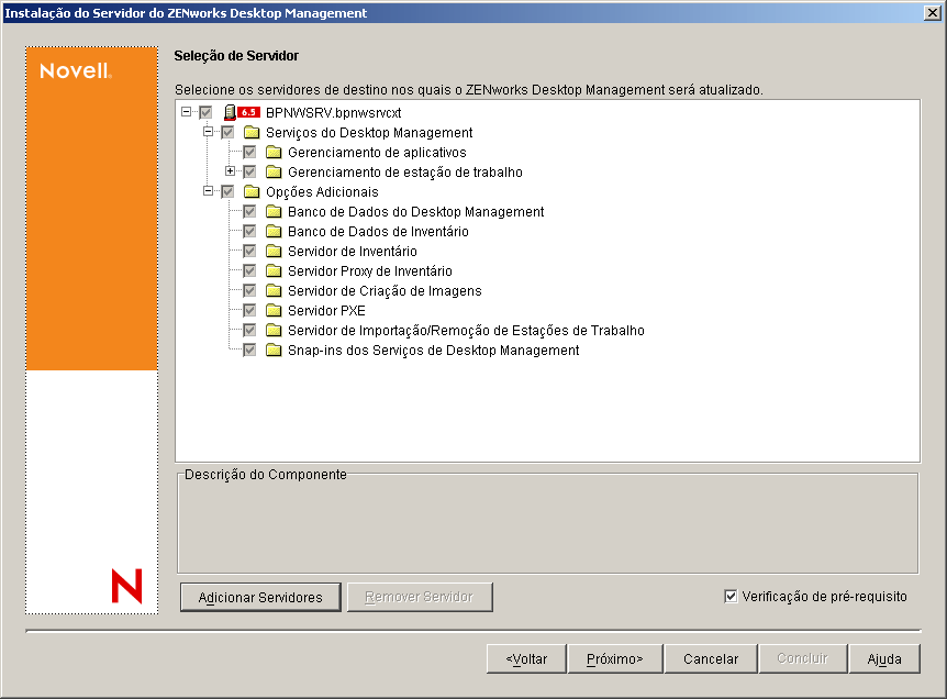 A página Seleção de Servidor do Assistente de Instalação dos Serviços do ZENworks Desktop Management. Os componentes Desktop Management disponíveis são listados como opções de instalação.