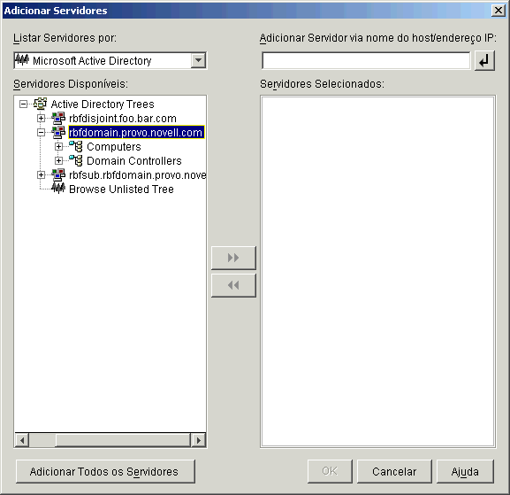 A caixa de dilogo Adicionar Servidores chamada a partir da pgina Seleo de Servidor do Assistente de Instalao do Servidor de Camada Intermediria do ZENworks. A caixa de dilogo exibe a opo Active Directory na lista suspensa Listar Servidores Por.