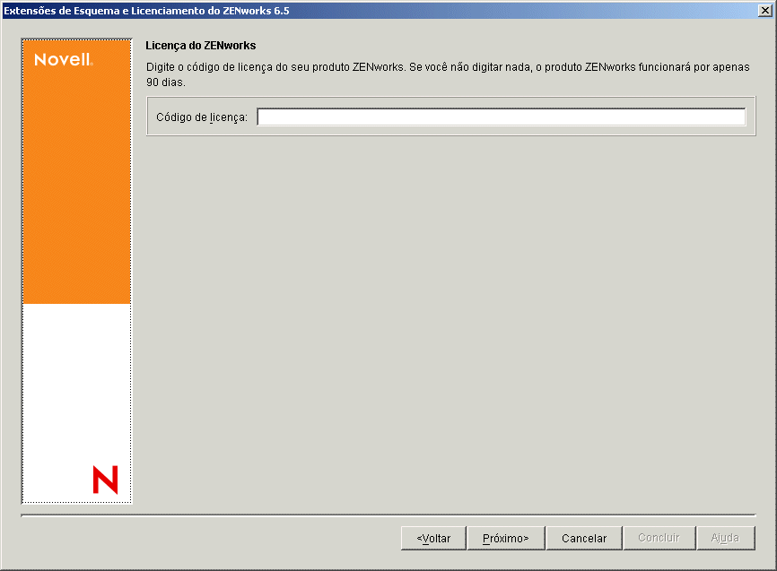 A pgina Licena do ZENworks do assistente de Licenciamento do Produto e Extenso de Esquema do ZENworks.