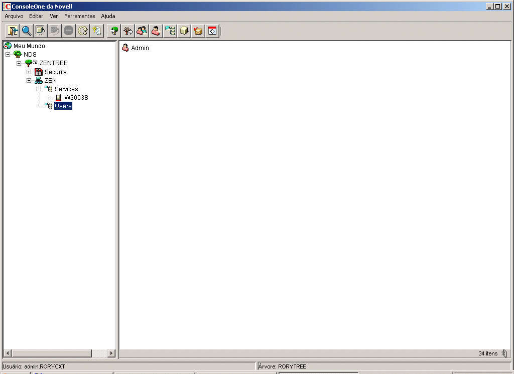 O ConsoleOne ser aberto mostrando o objeto ZENTREE, o objeto Usurio Admin e o objeto Servidor.