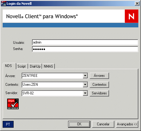 A caixa de dilogo de login do Novell Client com a configurao de login do NDS Avanada ser aberta.