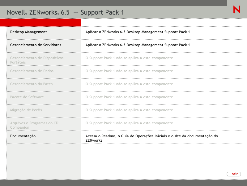 A página de abertura do programa de instalação do ZENworks, mostrando as opções gerais de instalação.