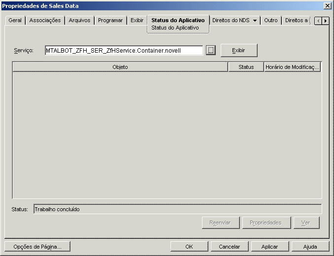 Página Status do Aplicativo de um objeto Aplicativo