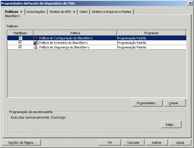Pgina Propriedades do Pacote do Dispositivo Porttil em que a Poltica de Configurao do BlackBerry  selecionada