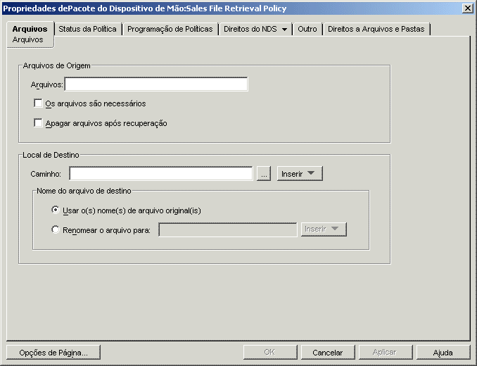 Propriedades do Pacote do Dispositivo Porttil: Caixa de dilogo Poltica de Recuperao de Arquivos com a pgina Arquivos exibida